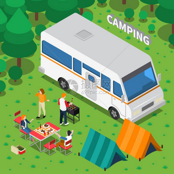 野营等距成野营等距构图与人,烤肉,汽车,帐篷,桌子与椅子森林背景矢量插图图片