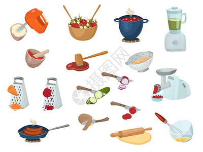 烹饪工艺设定烹饪工艺与厨房用品,绞肉机,搅拌砂浆碾磨机擀杖,用于分离矢量插图图片