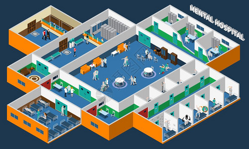 精神病院等距内部精神病院等距内部与办公室病人工作人员共用房间单独的病房矢量插图背景图片