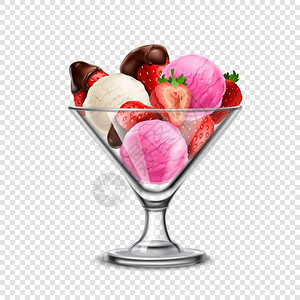冰淇淋合物彩色冰淇淋透明璃碗与水果透明背景矢量插图图片