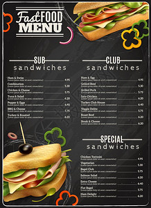快餐三明治菜单广告海报快餐咖啡馆健康选项谁小麦多谷三明治黑板菜单现实广告海报打印矢量插图图片