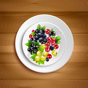 浆果板现实矢量插图白色盘子与彩色混合浆果集群绿叶木材背景上的现实矢量插图图片