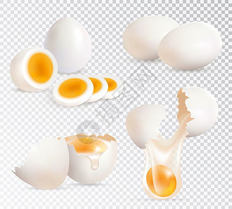 鸡蛋现实套真实的套煮熟未煮熟的鸡蛋分离透明的背景矢量插图图片