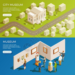 城市博物馆横幅博物馆横幅等距收集与简化的城市风景古董展览与阅读更多的按钮矢量插图图片