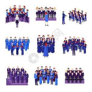 合唱演唱合奏平图标集合合唱平图标收集9个音乐合的歌手穿着蓝色海黑色矢量插图图片