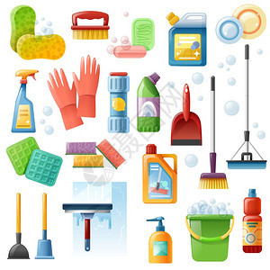 清洁用品工具平图标清洁产品提供平图标收集与桶柱塞窗刮刀地板拖把隔离矢量插图图片
