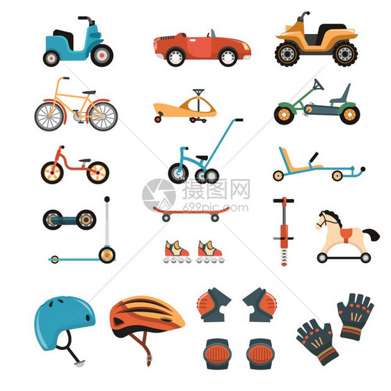骑上玩具元素收集儿童安全身体保护运动设备保护隔离图像与玩车自行车膝盖头盔矢量插图图片