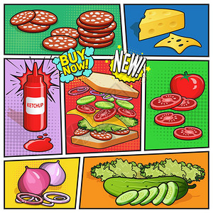 三明治广告漫画页漫画书页与广告三明治成分番茄酱瓶子上的分割彩色背景矢量插图图片