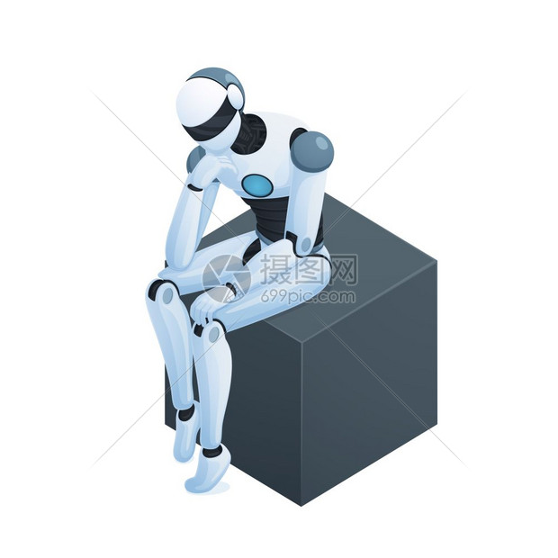 机器人思考立方体等距成白色背景上的等距构图,机器人坐黑色立方体三维矢量插图上思考图片