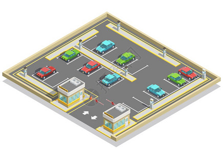 停车区等距位置公园等距位置与五颜六色的汽车,许多地段访问控制矢量插图图片