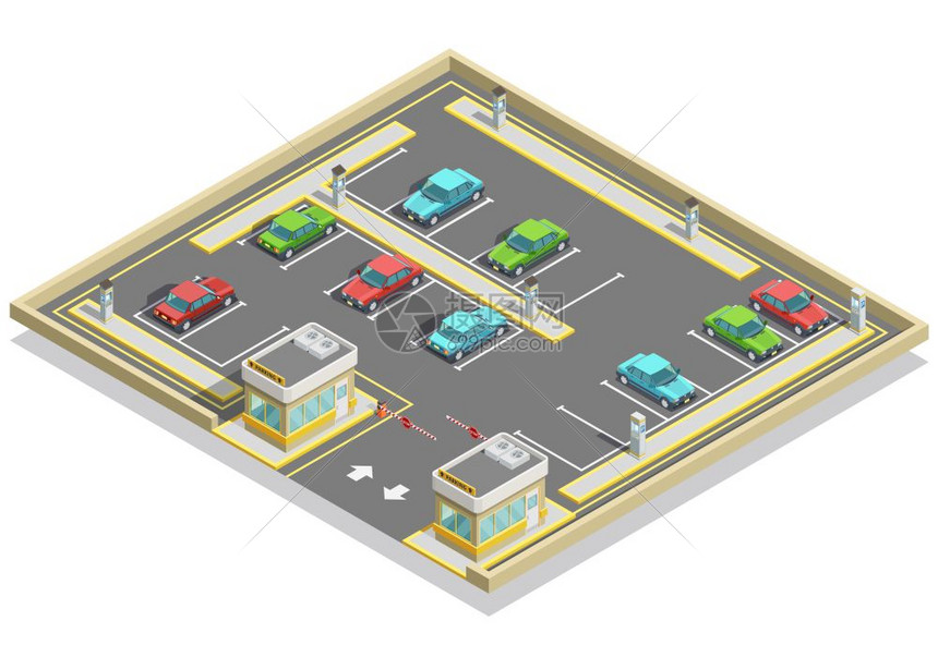 停车区等距位置公园等距位置与五颜六色的汽车,许多地段访问控制矢量插图图片
