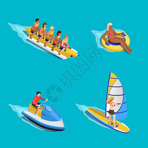 水上骑马的人海洋活动中,人们用等距图像成人类人物,骑着管状滑板车,香蕉船,帆板矢量插图图片