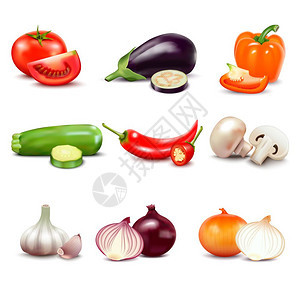生蔬菜图标生蔬菜与切片分离的现实图标与胡椒茄子,大蒜,蘑菇,番茄,洋葱,黄瓜矢量插图图片