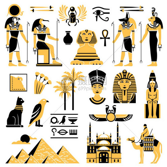 埃及符号装饰图标埃及符号金色黑色与古埃及神金字塔尖塔平矢量插图图片