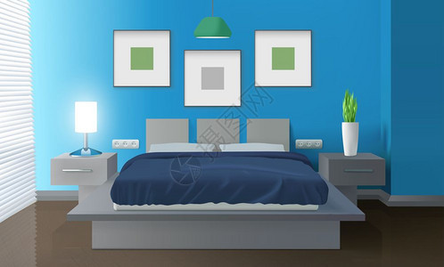 现代卧室蓝色内饰现代卧室蓝色内部与床房子植物现实矢量插图图片