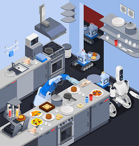 机器人厨房女佣的成机器人等距专业成与机器人机械手厨师服务员服务食品餐厅厨房内部矢量插图背景图片