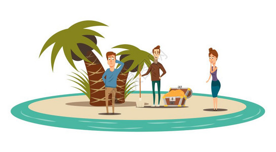 宝岛平构图幸运的情况下,平构图的圆圈岛风景与手掌宝箱三个人物矢量插图图片