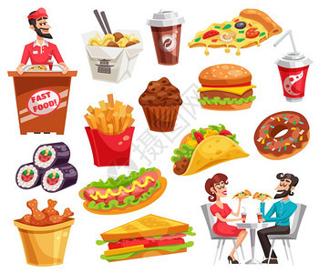 快餐套装快餐与餐厅工人客户三明治条土豆鸡腿饮料孤立矢量插图图片