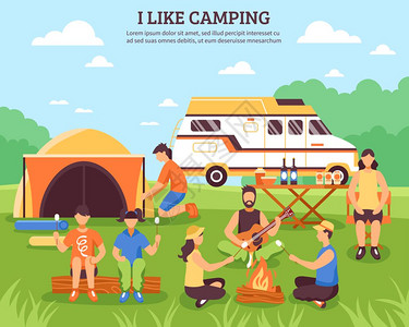 喜欢野营作文露营徒步旅行构图与群轻人户外娱乐活动夏季旅行矢量插图中的扁平人物图片