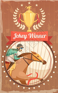 赛马冠古董海报骑师冠复古海报与冠杯骑手飞驰的马元素平矢量插图图片