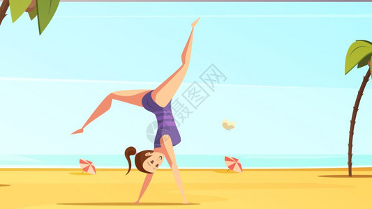 海滩杂技卡通构图女运动员复古卡通与涂鸦风格的女角色倒立热带海滩景观背景矢量插图图片