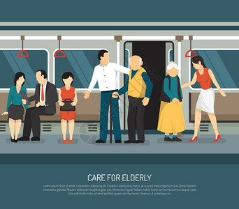 照顾老人插图地铁汽车中照顾老人场景,轻人女人帮助老乘客矢量插图图片