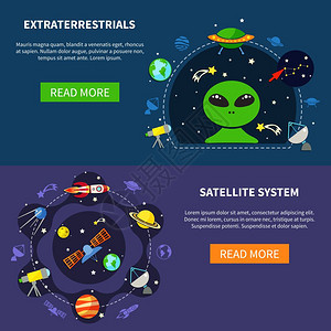 卫星系统横幅卫星系统水平横幅与外星符号平孤立矢量插图背景图片