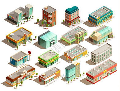 存储建筑物等距图标现代城市商店建筑同风格的等距图标白色背景矢量插图上背景图片