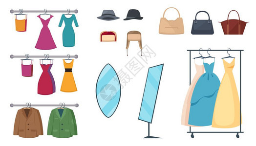 服装店图标隔离彩色服装店图标与元素属衣服衣架配件矢量插图图片