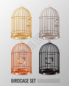 金丝雀鸟笼3D套装透明背景上各种颜色的空闭金丝雀鸟笼,3D孤立矢量插图图片