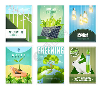生态6迷你横幅收集替代绿色能源环境保护禁止动物试验6小生态横幅孤立矢量插图图片