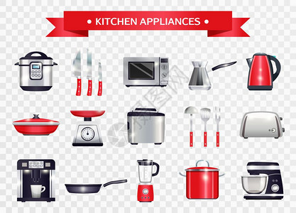 厨房用具套厨房用具,包括慢锅,微波炉,咖啡机,透明背景上的鳞片隔离矢量插图图片