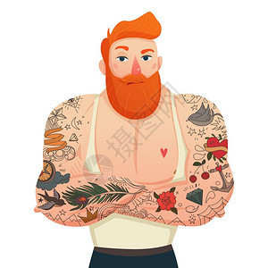 纹身男子雕像单平雕像肌肉纹身男子红色头发胡须卡通矢量插图图片
