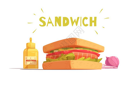 蔬菜三明治三明治卡通三明治卡通与烤鲑鱼,番茄,沙拉,洋葱芥末白色背景矢量插图插画