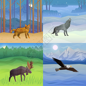 动物背景集多边形2x2背景与野生动物鸟类其栖息地矢量插图图片