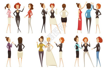 女商人卡通风格集群微笑的女商人各种服装的交流卡通风格的孤立矢量插图图片