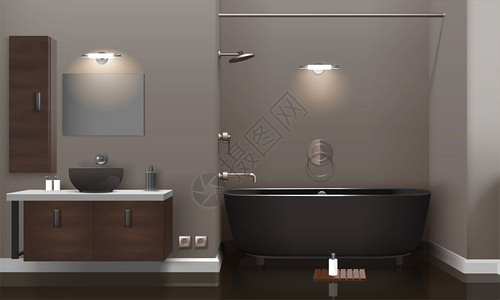 逼真的浴室内部逼真的浴室内部与照明,棕色家具,深色脸盆浴缸,光滑的地板三维矢量插图图片