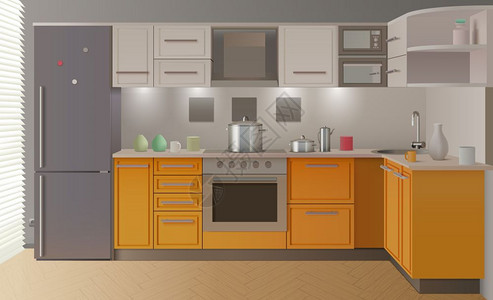 橙色现代厨房内部橙色现代厨房内部与家具时尚的创造展览样品矢量插图图片