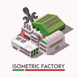 工厂等距装置灰色绿色工厂工业等距建筑光背景三维矢量插图图片