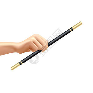 现实的魔杖手现实的手着黑色金色的魔杖白色背景矢量插图背景图片