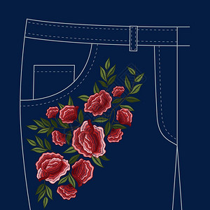 牛仔裤人们花刺绣图案女士牛仔裤裤子前口袋时尚装饰红玫瑰花民俗风格装饰刺绣图案矢量插图图片