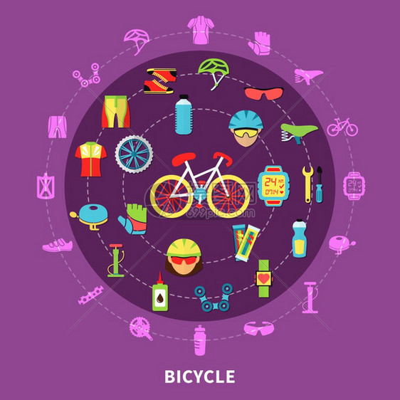 自行车插图自行车与运动种族符号紫色背景平矢量插图图片