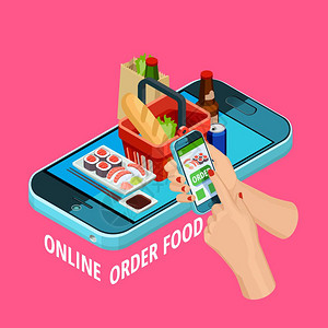 线食品订单等距电子商务海报轻松的线食品订单等距广告海报与智能手机结帐杂货店篮子粉红色背景矢量插图图片