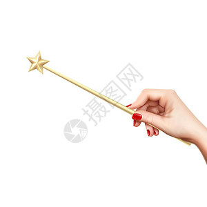 现实的魔杖手现实的金色魔杖,白色背景矢量插图上,女手中的星星图片