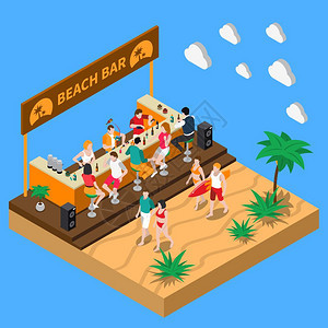 海滩酒吧等距成南部的海滩酒吧等距成与调酒师酒吧柜台休息的人矢量插图图片