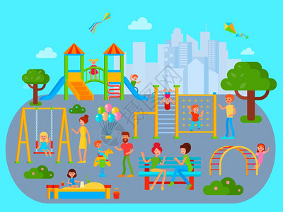 平儿童游乐场作文操场构图与平坦的城市城市景观与玩耍的孩子,青少他们的父母卡通人物矢量插图图片