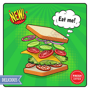 漫画风格的三明治广告海报广告海报的漫画风格,包括三明治与奶酪沙拉蔬菜纹理绿色背景矢量插图图片