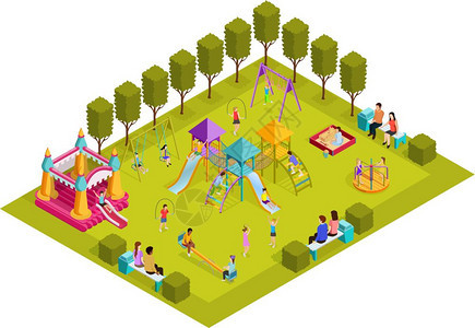 等距儿童游乐场彩色三维等距儿童游乐场与布局与放置公园艺术象游戏综合体矢量插图图片