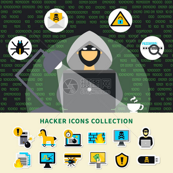 黑客活动图标收集黑客活动图标收集与黑客引擎盖笔记本破解系统符号卡通矢量插图图片