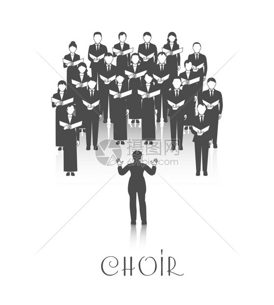 合唱珀罗曼斯黑色形象经典合唱表演与床单音乐,由指挥穿黑色白色背景矢量插图图片